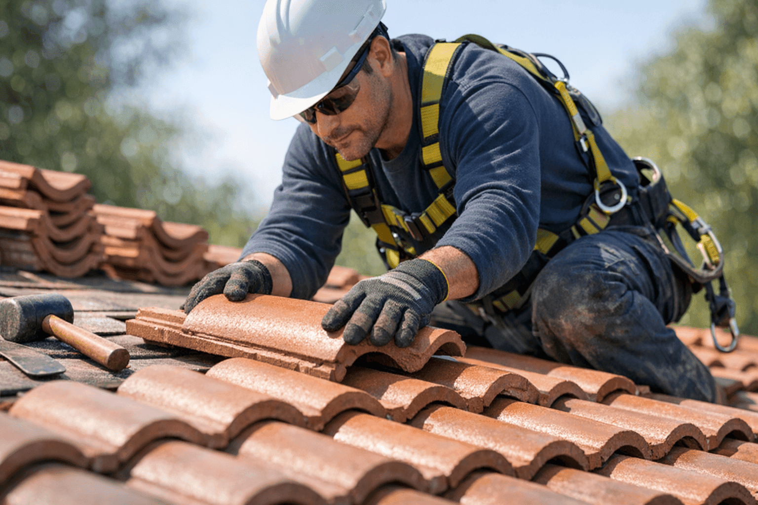 Technician installing clay tiles on roof