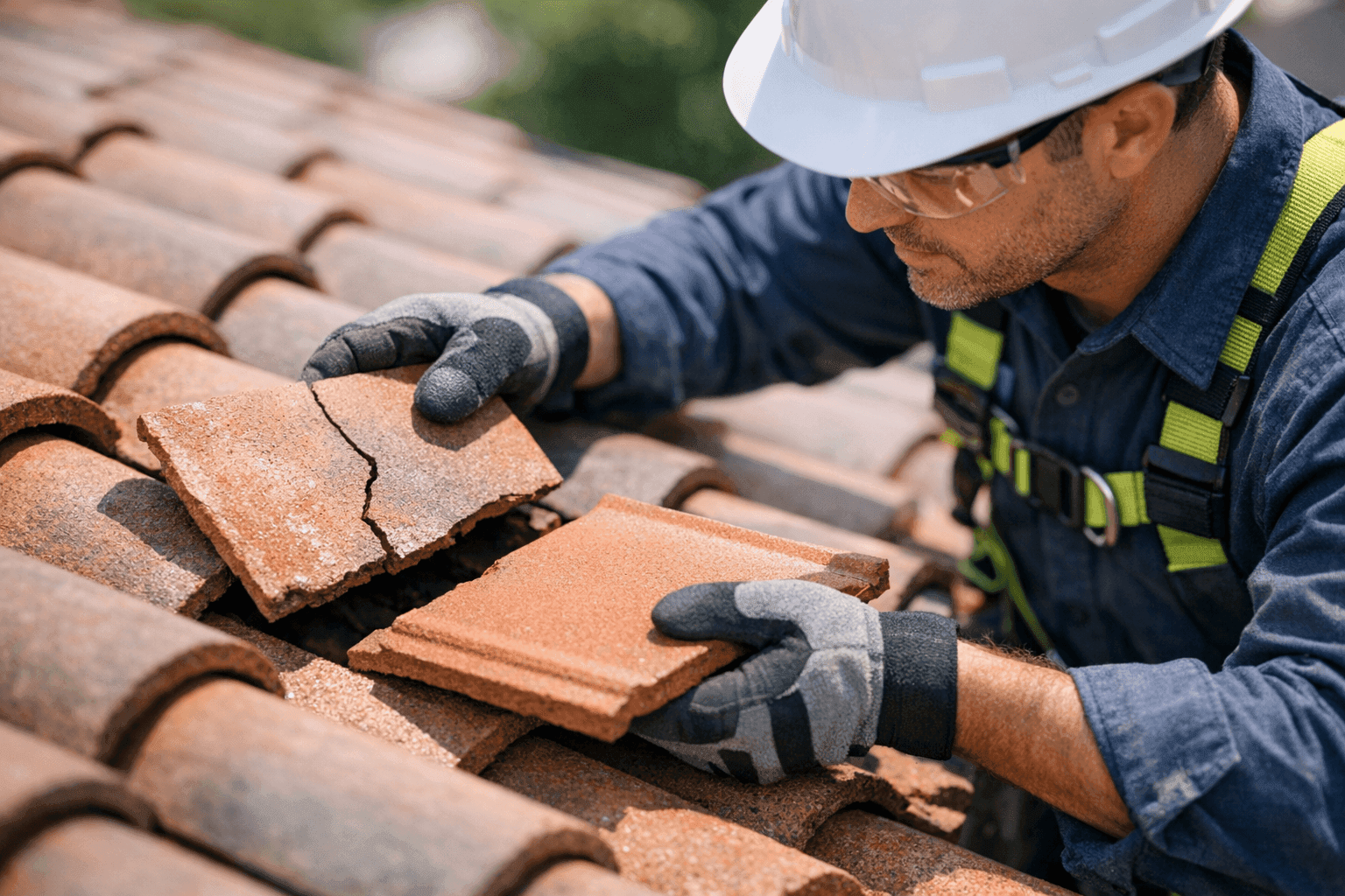Technician replacing cracked tile on residential roof
