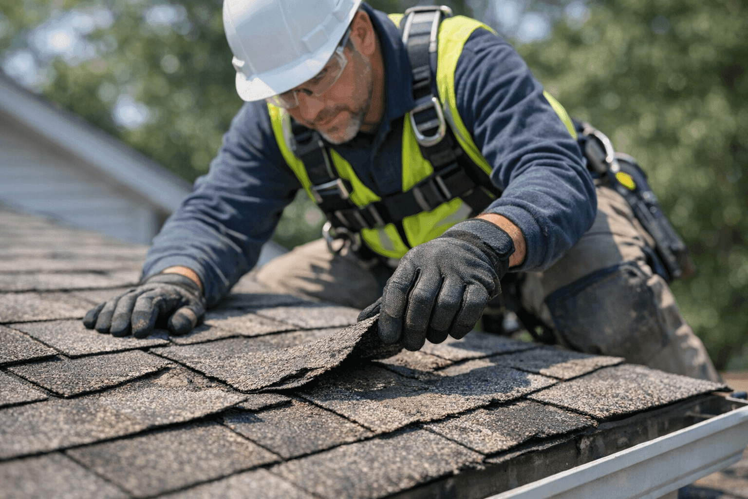 Technician examining worn, aged shingles on roof