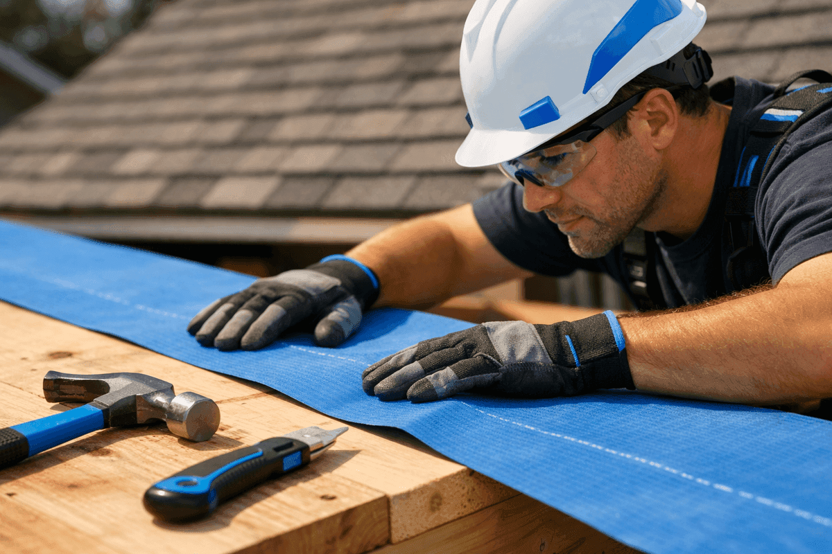 Close-up of roofer’s gloved hands aligning blue underlayment on residential roof